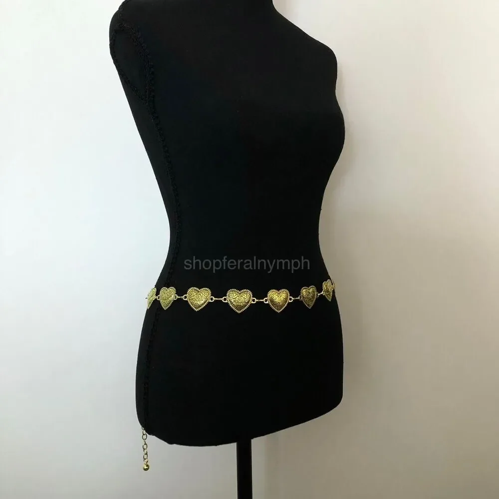 Vintage Y2K Boho Gold Textured Heart Chain Belt, Fits 22.5–40 Inches, X7GA1173